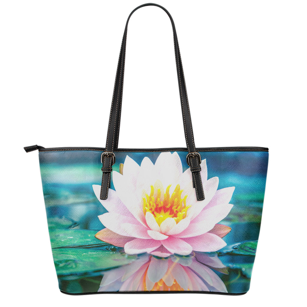 Pink Water Lily Print Leather Tote Bag