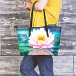 Pink Water Lily Print Leather Tote Bag