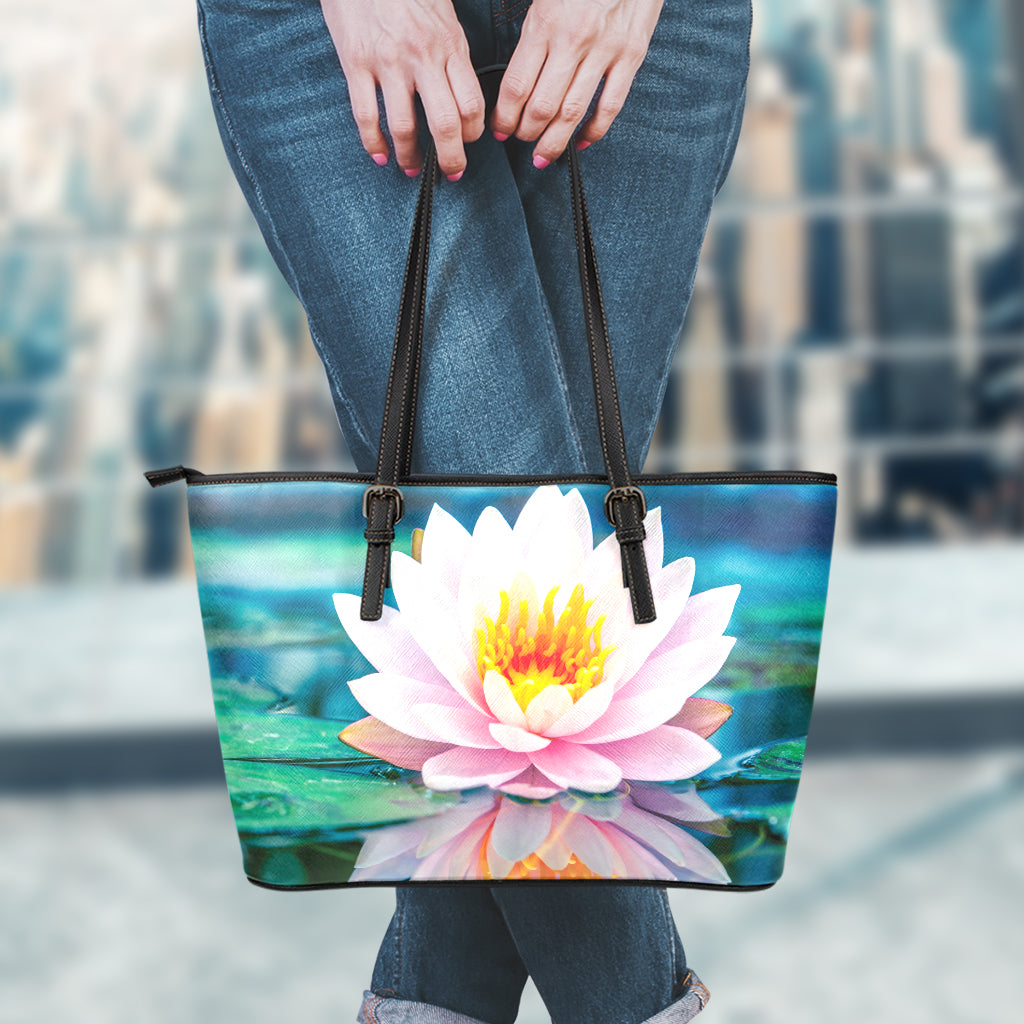 Pink Water Lily Print Leather Tote Bag