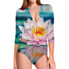 Pink Water Lily Print Long Sleeve Swimsuit