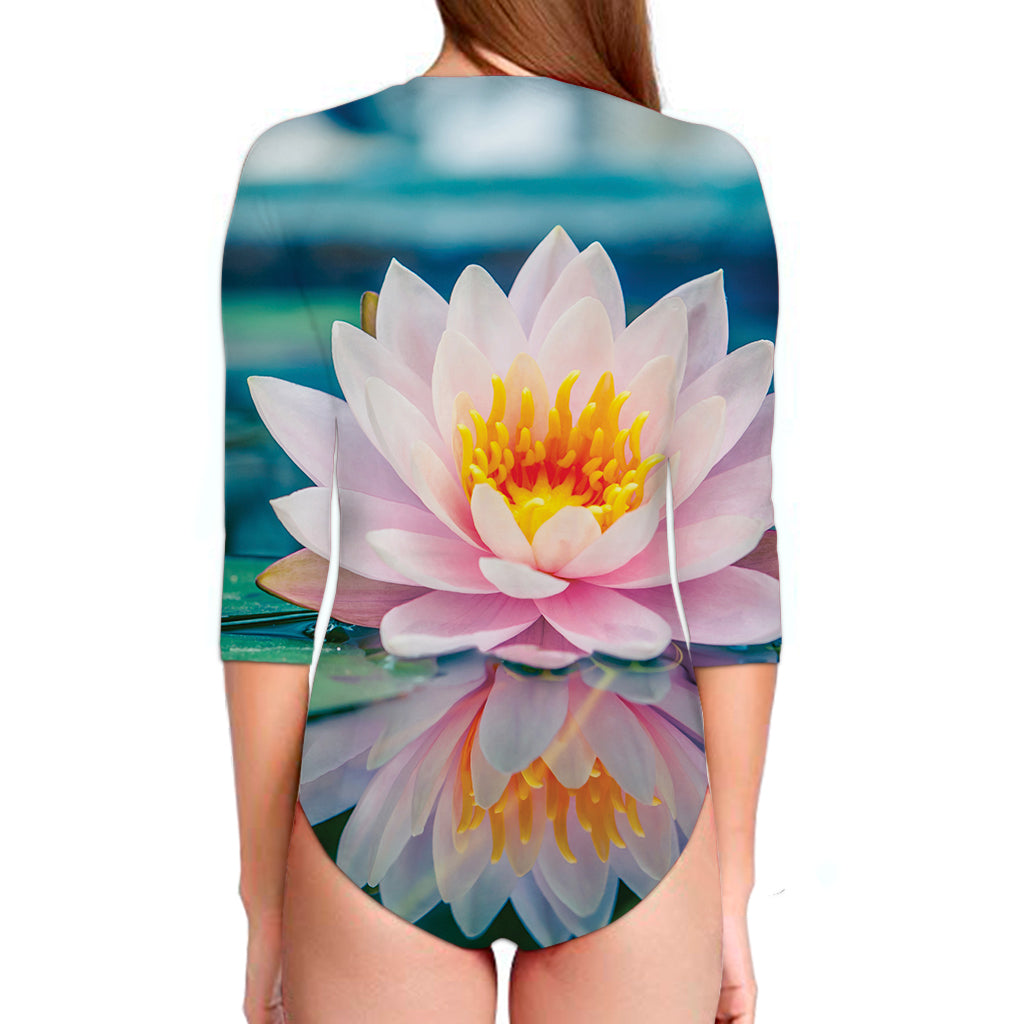 Pink Water Lily Print Long Sleeve Swimsuit