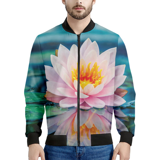 Pink Water Lily Print Men's Bomber Jacket