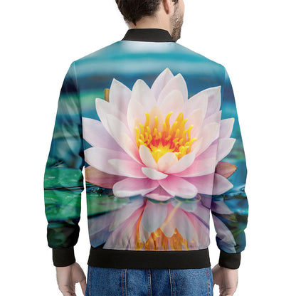 Pink Water Lily Print Men's Bomber Jacket