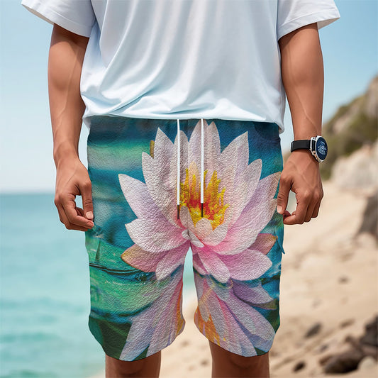 Pink Water Lily Print Men's Cargo Shorts