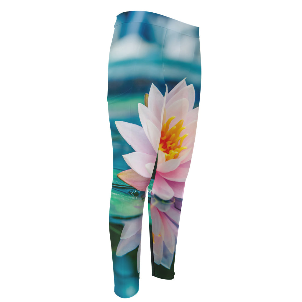 Pink Water Lily Print Men's Compression Pants