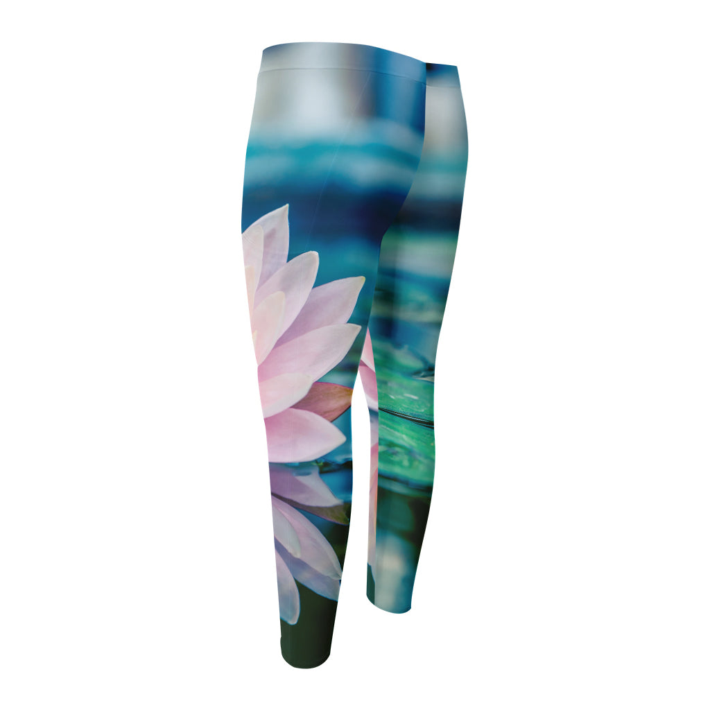 Pink Water Lily Print Men's Compression Pants