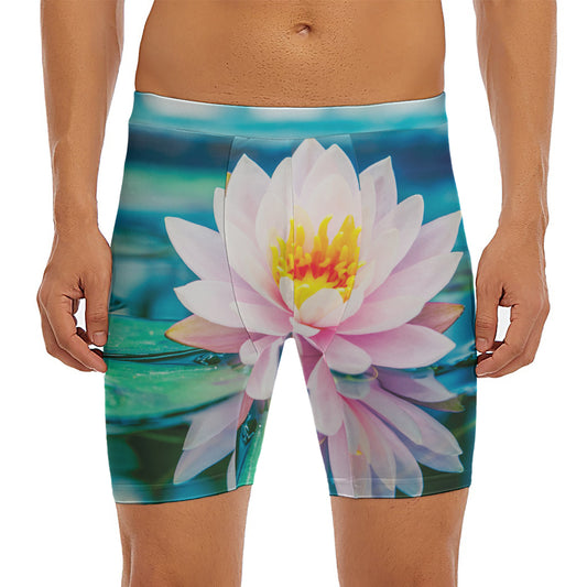 Pink Water Lily Print Men's Long Boxer Briefs