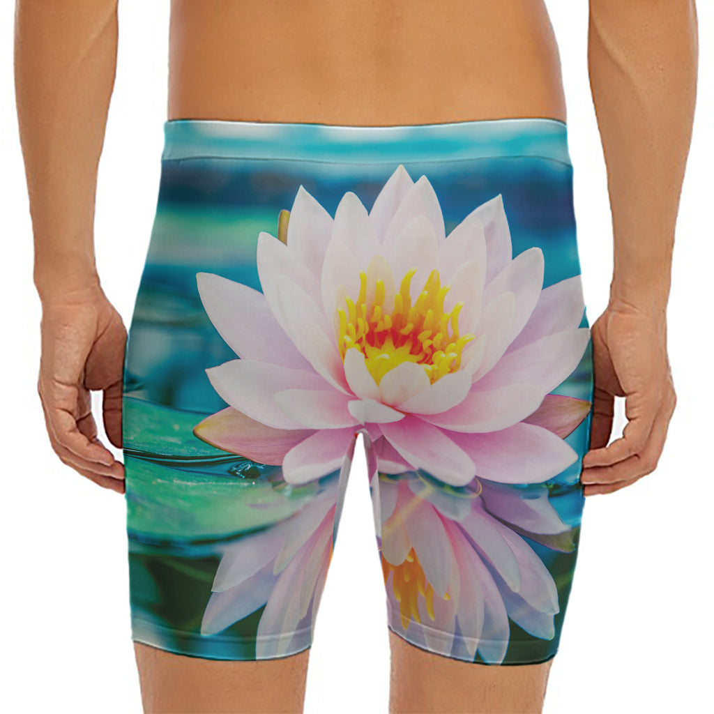 Pink Water Lily Print Men's Long Boxer Briefs