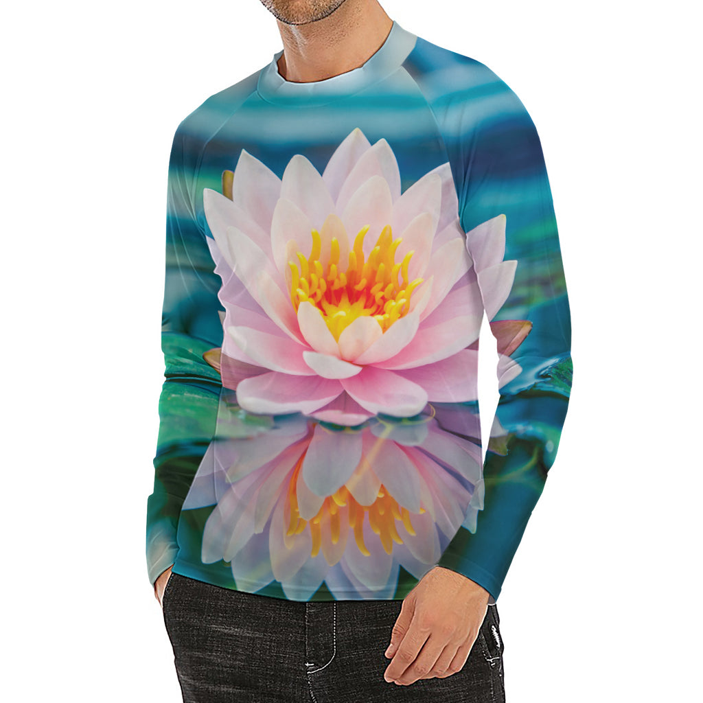 Pink Water Lily Print Men's Long Sleeve Rash Guard