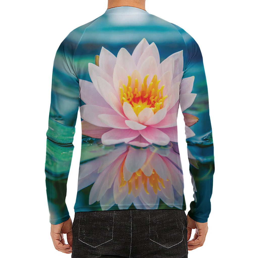Pink Water Lily Print Men's Long Sleeve Rash Guard