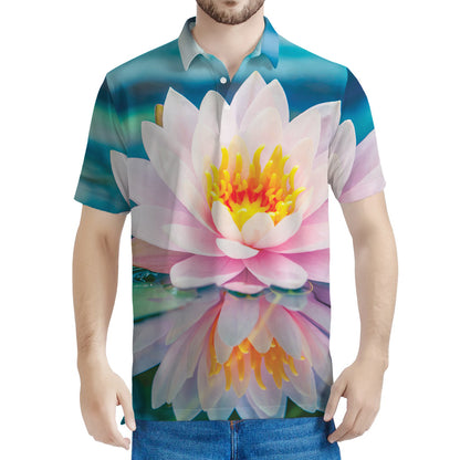 Pink Water Lily Print Men's Polo Shirt