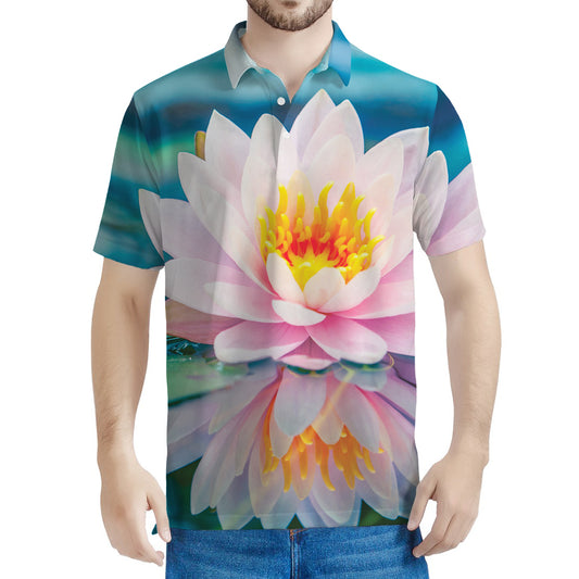 Pink Water Lily Print Men's Polo Shirt