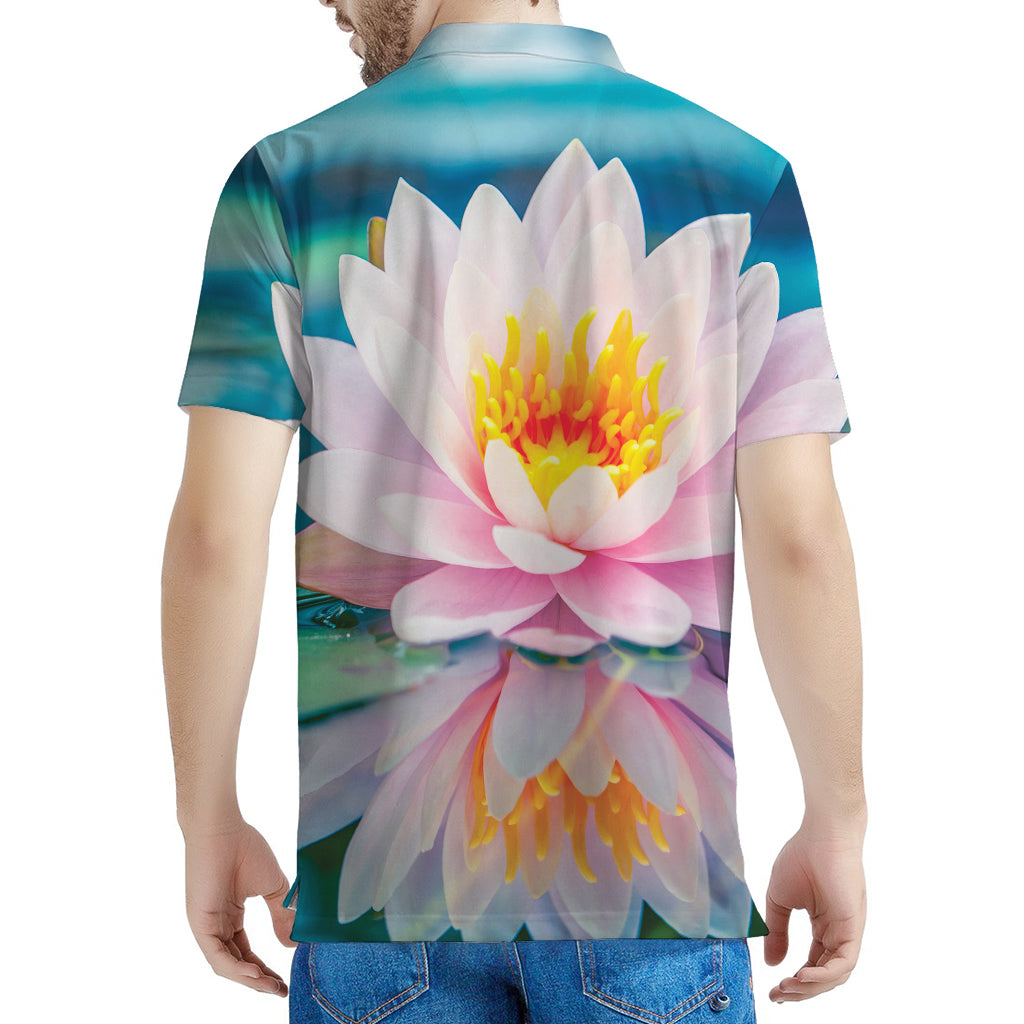 Pink Water Lily Print Men's Polo Shirt
