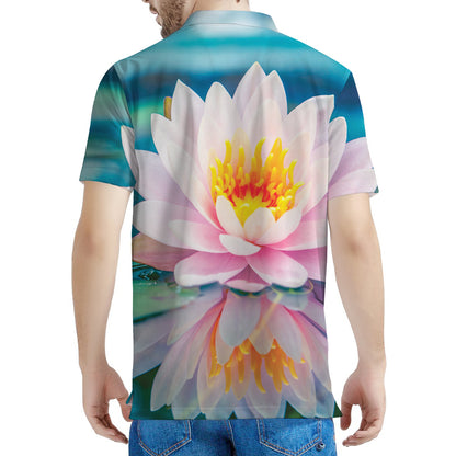 Pink Water Lily Print Men's Polo Shirt