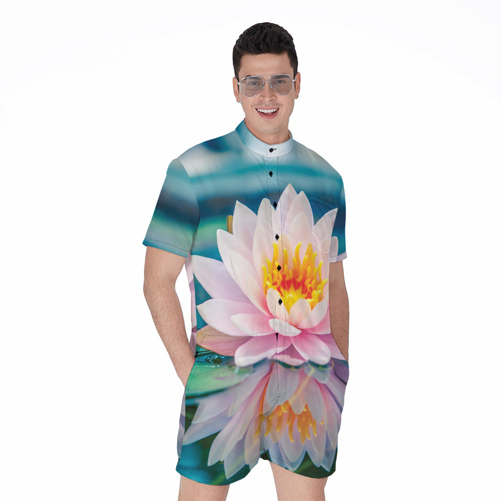 Pink Water Lily Print Men's Rompers