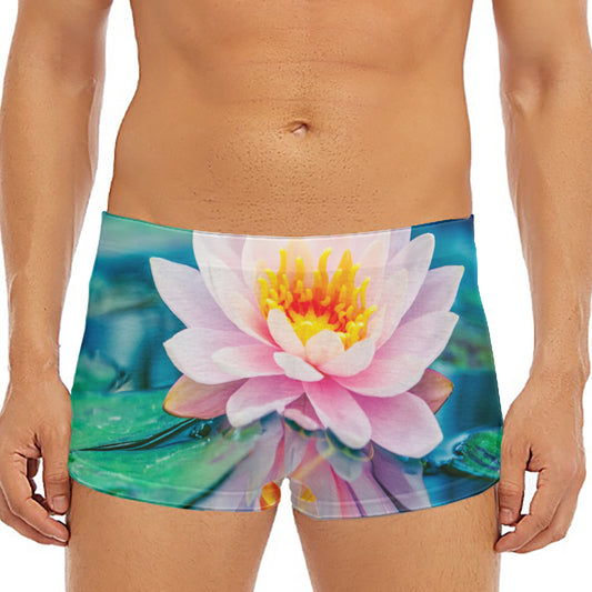 Pink Water Lily Print Men's Short Boxer Briefs