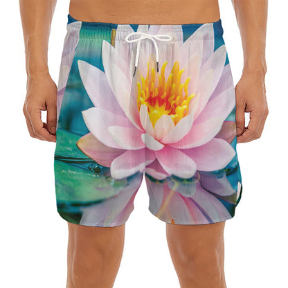 Pink Water Lily Print Men's Split Running Shorts