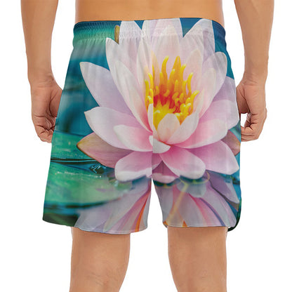 Pink Water Lily Print Men's Split Running Shorts
