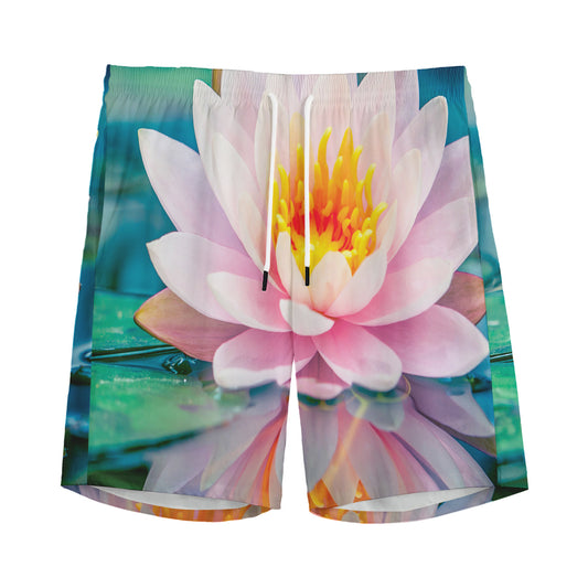 Pink Water Lily Print Men's Sports Shorts