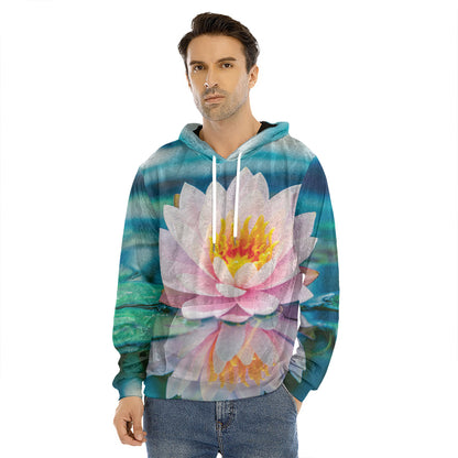 Pink Water Lily Print Men's Velvet Pullover Hoodie