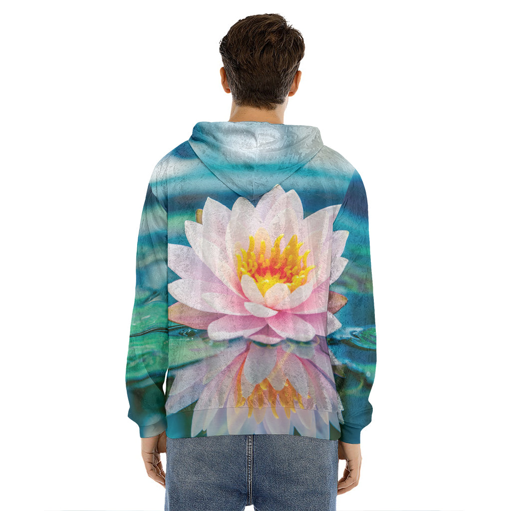Pink Water Lily Print Men's Velvet Pullover Hoodie
