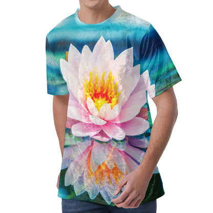 Pink Water Lily Print Men's Velvet T-Shirt