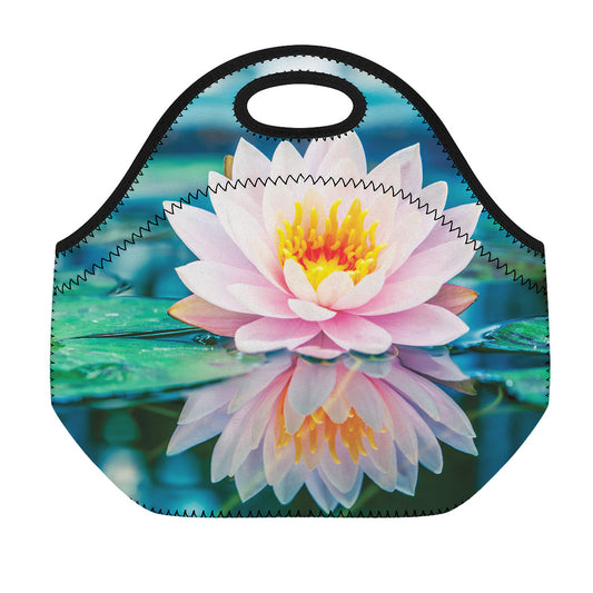 Pink Water Lily Print Neoprene Lunch Bag