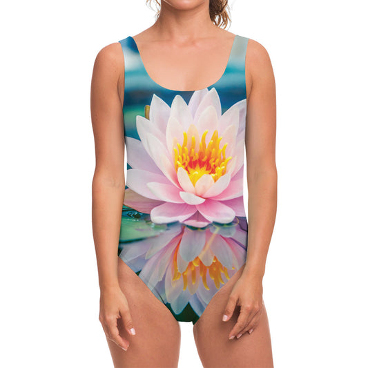 Pink Water Lily Print One Piece Swimsuit