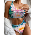 Pink Water Lily Print One Shoulder Bikini Set