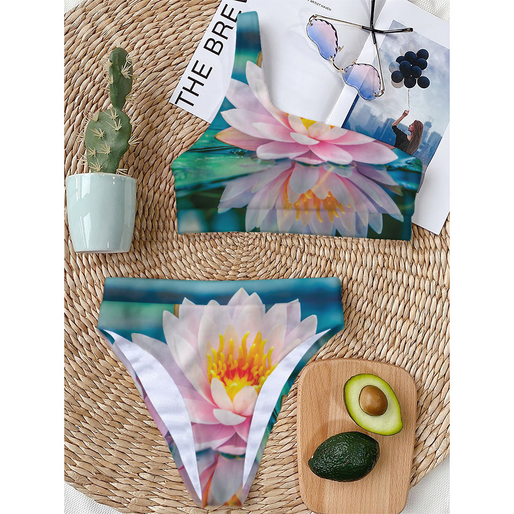Pink Water Lily Print One Shoulder Bikini Top