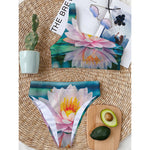 Pink Water Lily Print One Shoulder Bikini Top