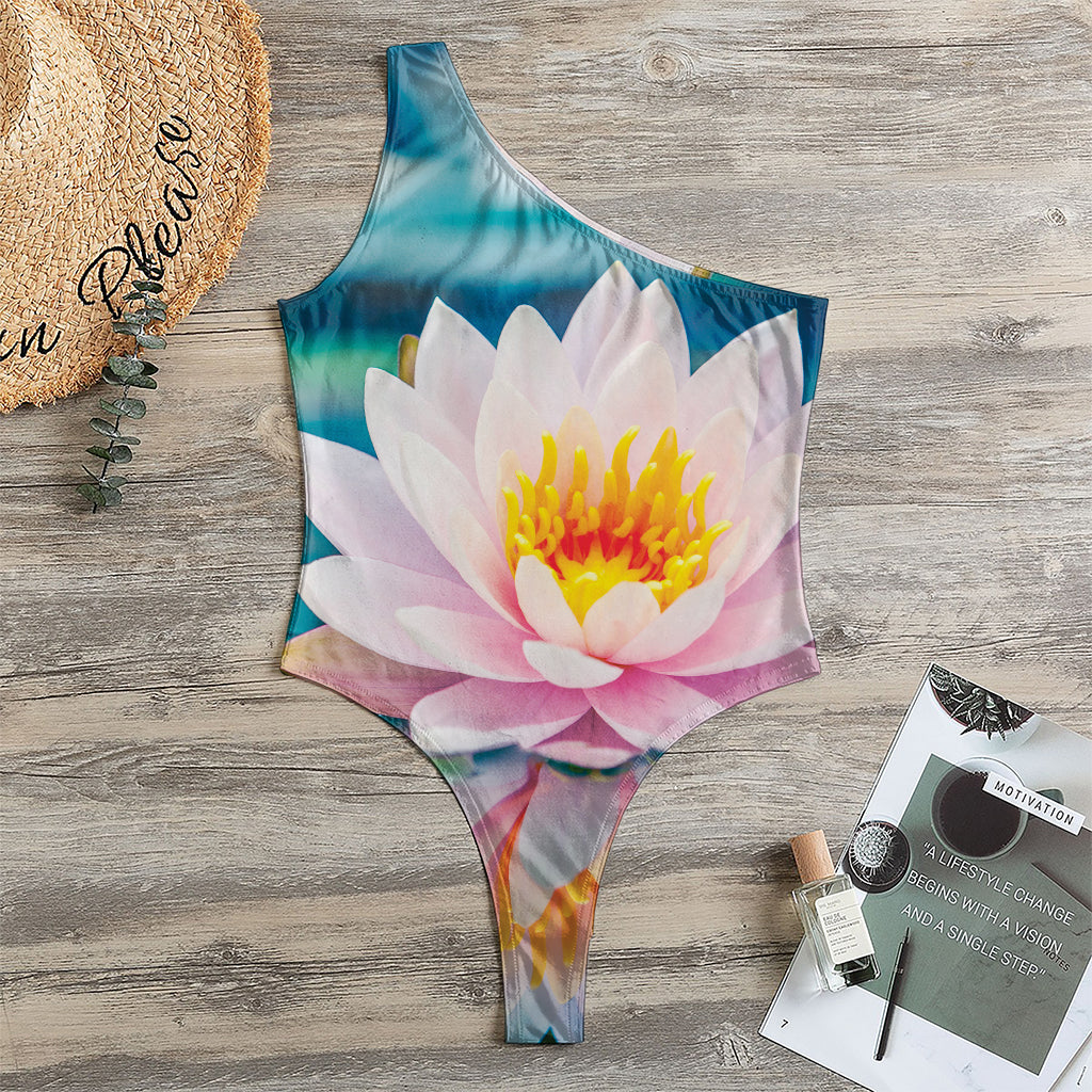 Pink Water Lily Print One Shoulder Bodysuit