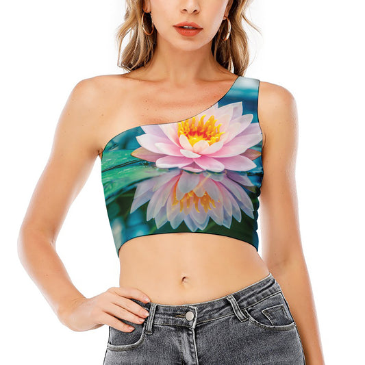 Pink Water Lily Print One Shoulder Crop Top