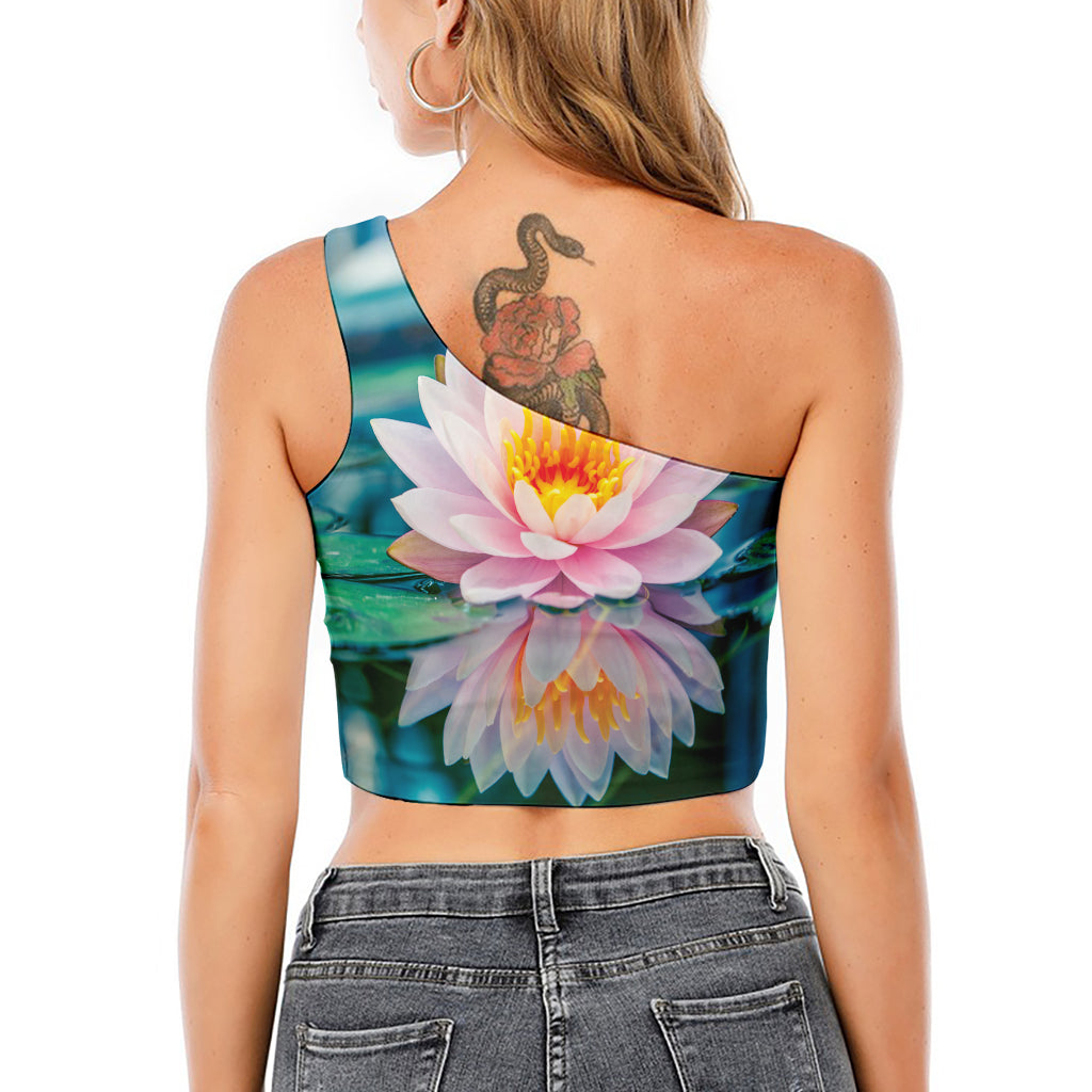 Pink Water Lily Print One Shoulder Crop Top