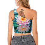 Pink Water Lily Print One Shoulder Crop Top