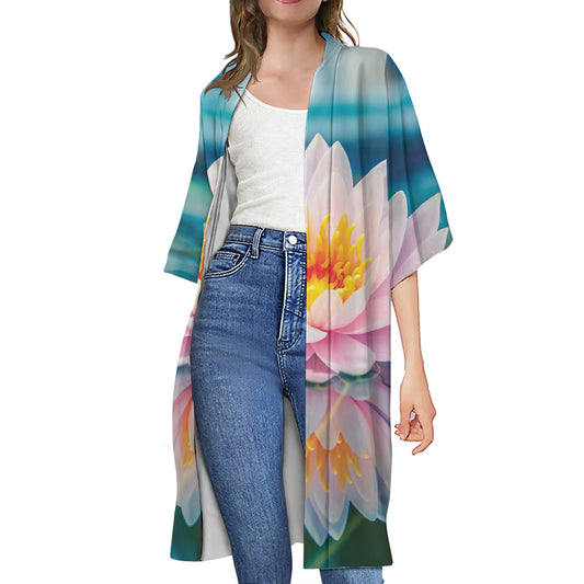 Pink Water Lily Print Open Front Beach Cover Up