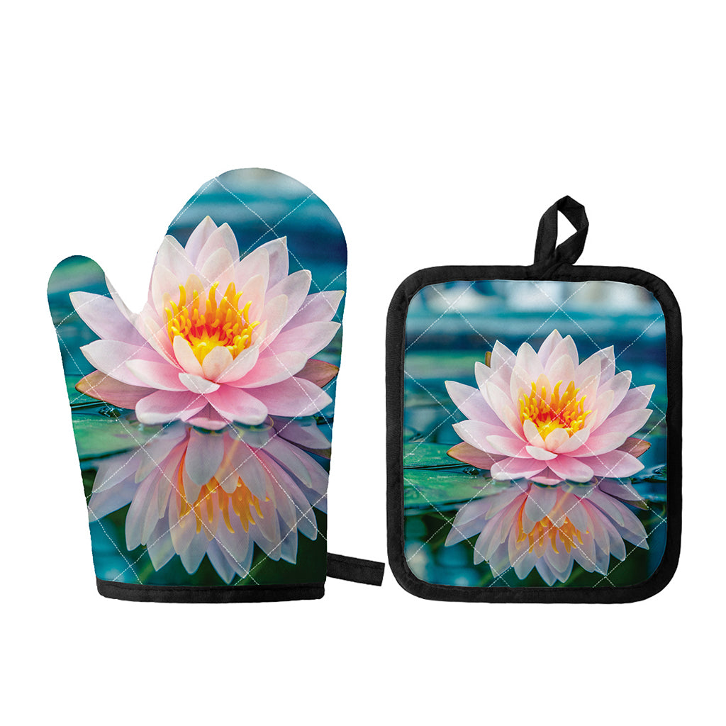 Pink Water Lily Print Oven Mitt And Pot Holder Set