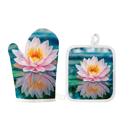 Pink Water Lily Print Oven Mitt And Pot Holder Set