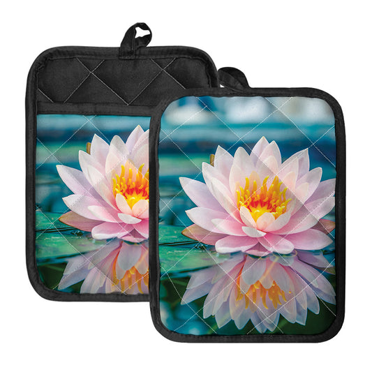 Pink Water Lily Print Pot Holders With Pocket