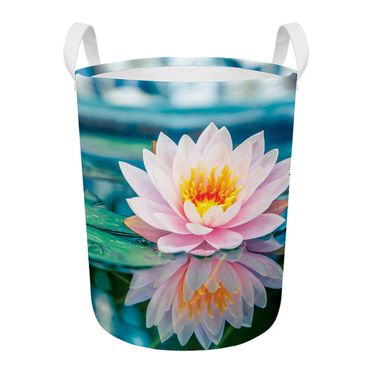 Pink Water Lily Print Round Laundry Basket