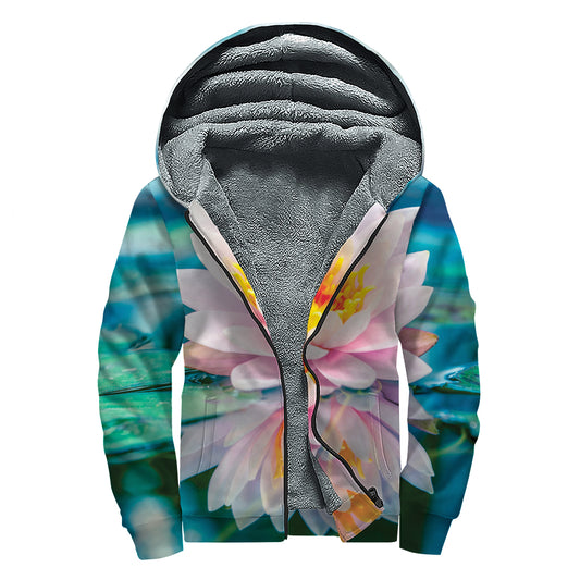 Pink Water Lily Print Sherpa Lined Zip Up Hoodie