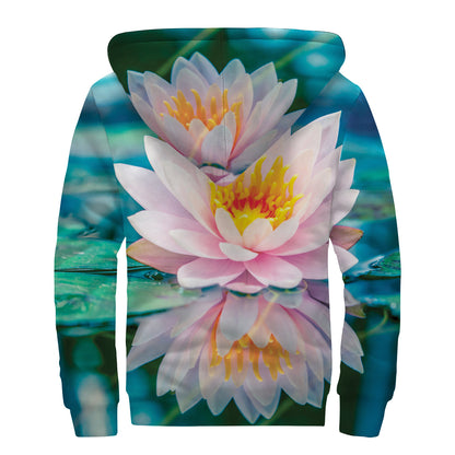 Pink Water Lily Print Sherpa Lined Zip Up Hoodie