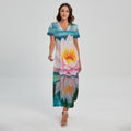 Pink Water Lily Print Short Sleeve Maxi Dress