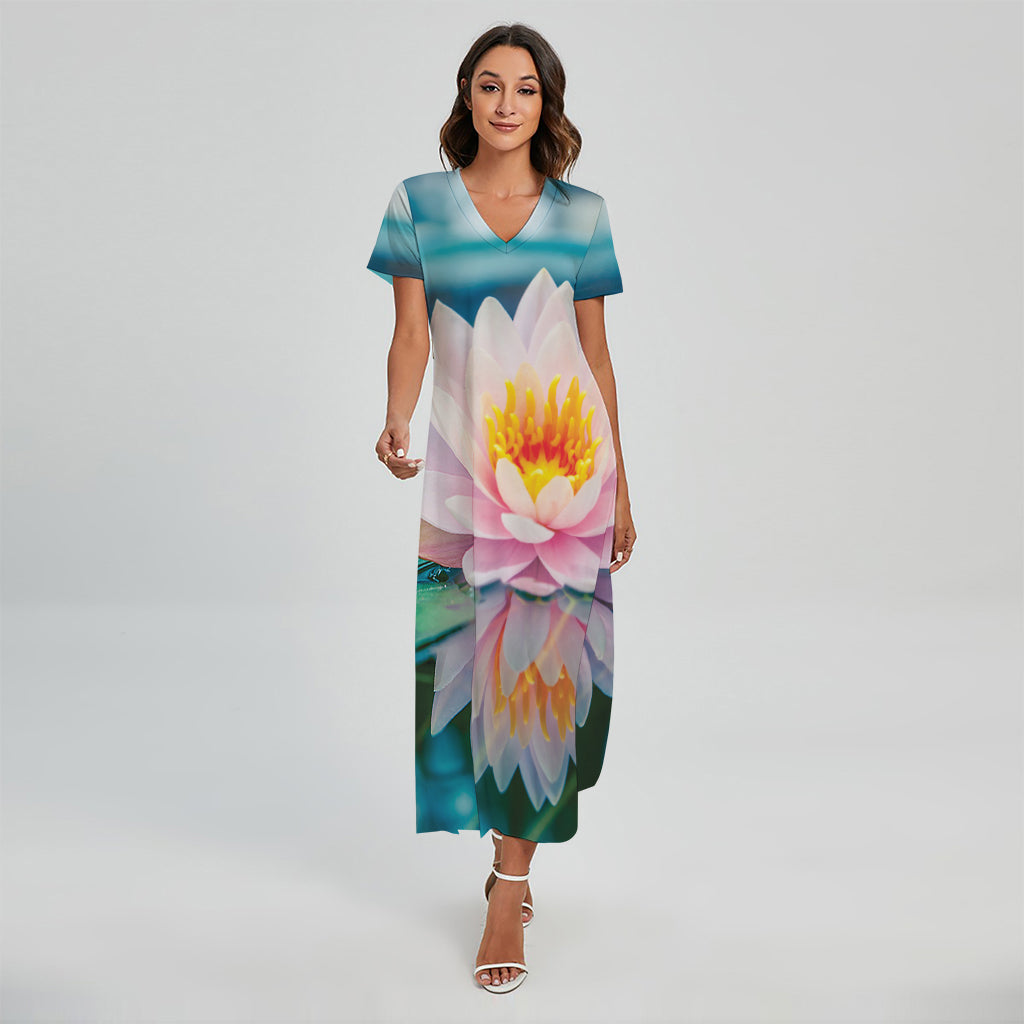 Pink Water Lily Print Short Sleeve Maxi Dress