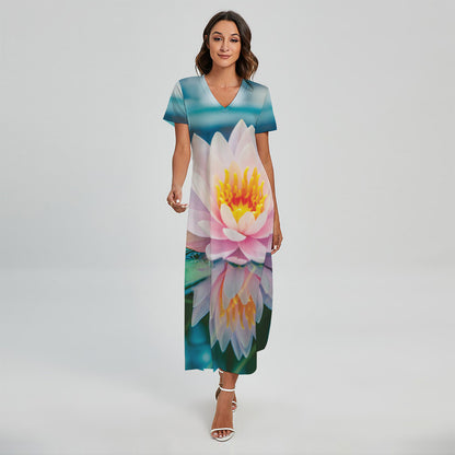 Pink Water Lily Print Short Sleeve Maxi Dress