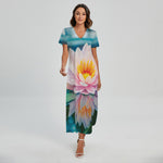Pink Water Lily Print Short Sleeve Maxi Dress