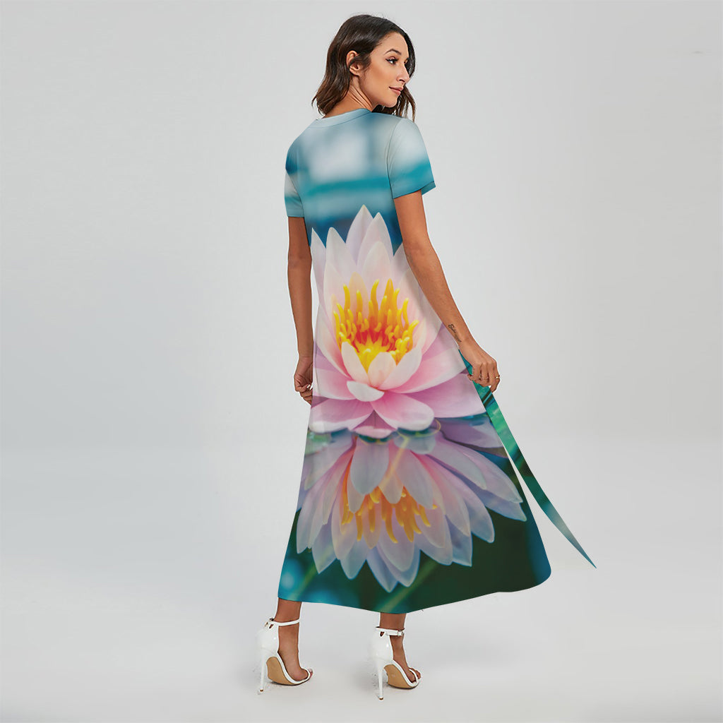 Pink Water Lily Print Short Sleeve Maxi Dress