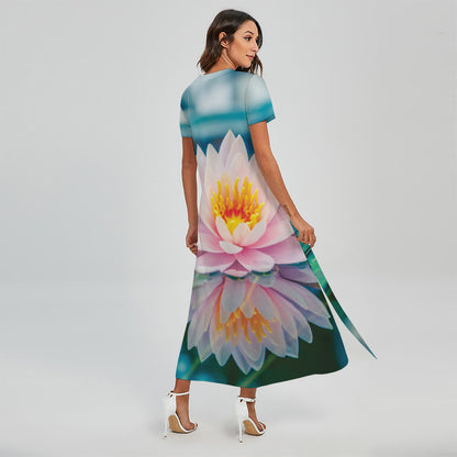Pink Water Lily Print Short Sleeve Maxi Dress
