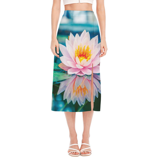 Pink Water Lily Print Side Slit Midi Skirt