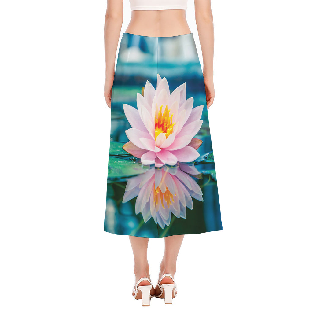 Pink Water Lily Print Side Slit Midi Skirt